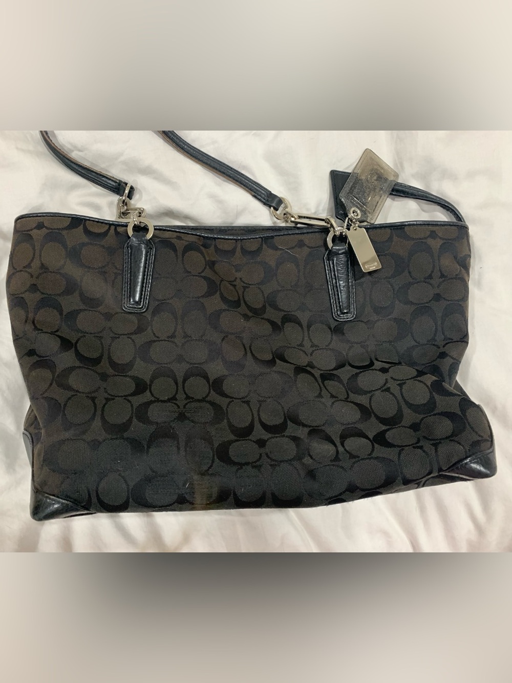 Coach Black Signature Jacquard Tote with Leather Trim